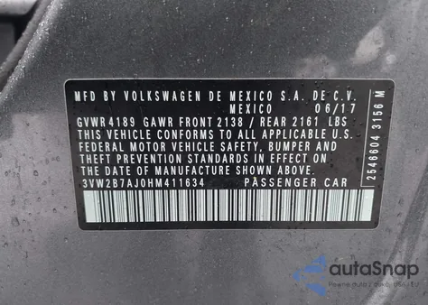 2017 Volkswagen Jetta 1.4T S z USA, uszkodzony, nr VIN 3VW2B7AJ0HM411634